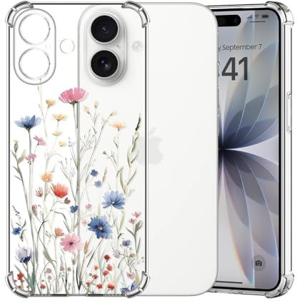 ChoosEU Transparent Hülle für iPhone 17 Weich TPU Silikon Case mit Blume Muster Motiv für Mädchen Frauen Dünne Handyhülle Stoßfeste Airbag Schutzhülle Durchsichtig Cover - Blau Rosa