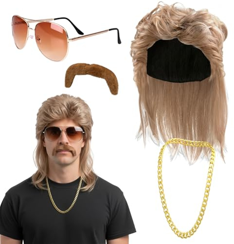 Vokuhila Perücke Herren 80er Jahre Outfit Retro Perücke Männer mit Perücken, Sonnenbrille, Schnurrbart, Zubehör für Cosplay, Karneval, Mottoparty