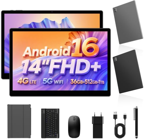ANTIOXID Tablet 14 pollici Android 16 tablet con sim,120 Hz,Dual SIM 4G LTE 5G Wi-Fi,Unisoc T616,2,0GHz Octa-Core, 11580mAh/20 W, 36 GB RAM + 512GB, 2000x1200/GPS,tablet in offerta con tastiera
