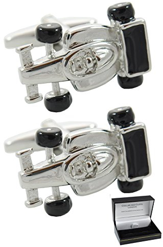 Cufflinks for Men + Presentation Box - Car - Racing Car - Solid Brass Metal - Perfect For Car Lovers - Motor Sport Race Track Speed - Silver Colour - One Pair