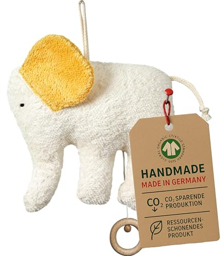 Efie Bio-Spieluhr Elefant – handgefertigt in Deutschland – 100 % Baumwolle (KBA), Füllung Schurwolle (kbT), GOTS-Zertifiziert - Melodie: Sandmann, Lieber Sandmann