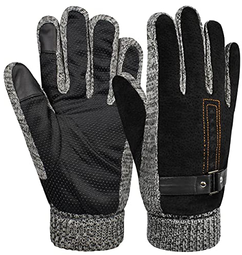 heekpek Men's Winter Leather Gloves Thick Warm Fleece Windproof Gloves Cold Proof Mittens for Driving Cycling Motorcycle Camping (Black)