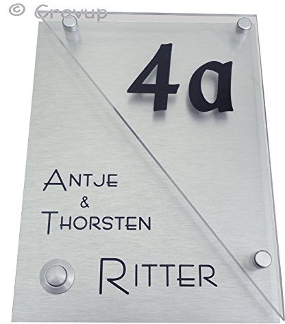 GravUp :Modernes Klingelschild K12 + Hausnummer mit Klingel Links. Mit SOFORTGRAVUR + VORSCHAU : Aluminium im Edelstahl - Design + Acrylglas Inkl V2A Befestigungsset. Auch LED-Taster möglich