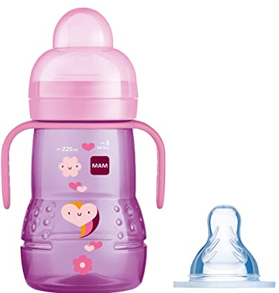 MAM Trainer+ Baby Cup | 1 Pack (1 x 220ml) | Suitable from 4+ Months for Independent Drinking | Comes with Free Fast Flow MAM Teat Size 3 | Spill-Free | Pink (Various Designs)