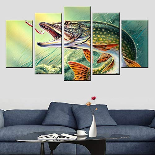 LPHMMD 5 Stück Leinwandmalerei 5 Panel Druck Angeln hecht Fisch malerei Poster leinwand malerei Wohnzimmer Schlafzimmer Dekoration malerei HD druck-30x40cm 30x60cm 30x80cm