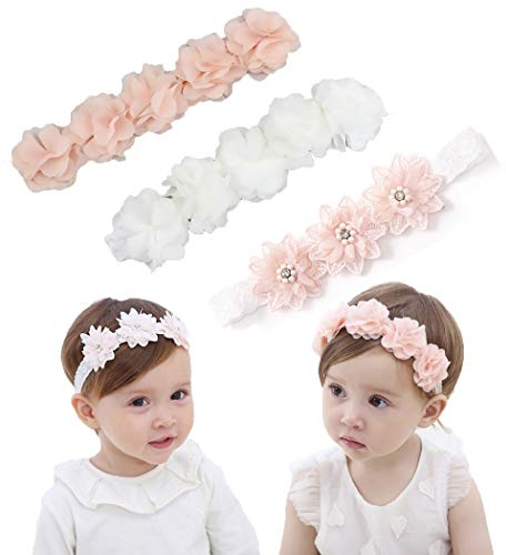 IYOU Fasce floreali per bambine con nastro in grosgrain fascia per capelli rosa accessori per capelli per feste matrimoni servizi fotografici (confezione da 3)