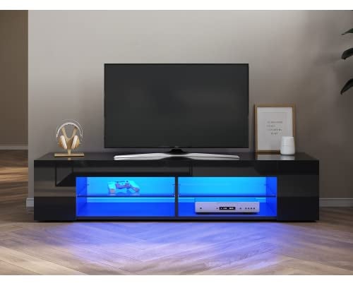SONNI TV Schrank, Lowboard, mit LED-Beleuchtung, 12 Farben können eingestellt Werden, Fernsehtisch, TV-Regal, Fernsehschrank, Glasböden, Hochglanz, Schwarz, 135x39x30cm, GTV003B-BLACK-2.