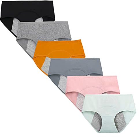 Kissecret Teenager-Mädchen Menstruationsunterwäsche aus Baumwolle Packung mit 6 Stück atmungsaktiven, stark fließenden auslaufsicheren Höschen (S, Stil 2)