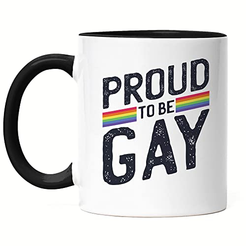 Hey!Print Proud to be Gay Tasse Schwarz LGBT Lustig Rainbow LGBTQ Pride Queer Homosexuell CSD Pride Week