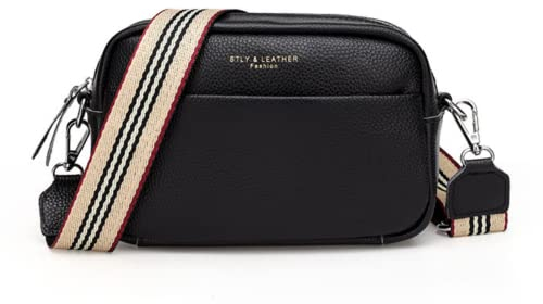 SNOWAQUA Umhängetasche Damen mit Breitem Schultergurt, Brusttasche Damen Klein, Leder Vintage Crossbag, Schultertasche Crossbody, Damen Moderne Taschen (Schwarz)