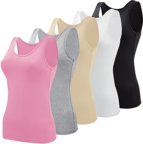 BQTQ 5 Pièces Débardeur Femme Extensibles Tank Top Basique Caraco Classics Débardeur pour Femme et Fille, Noir, Blanc, Gris, Rose, Beige, S