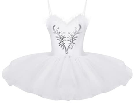 TiaoBug Damen Ballettkleid Schwanensee Tanz Kostüm Ballett Trikot mit Spaghettiträger Tanzkleid Ballettanzug mit Tüll Tutu Rock gr. S M L XL XXL Weiß 3XL