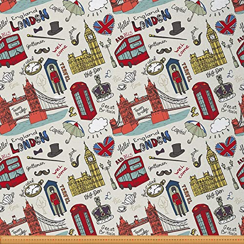 Loussiesd London Stoff Meterware Vintage England berühmte Stadtbild Polsterstoff für Stühle Big Ben Tower Bridge Telefonzelle dekorativer wasserdichter Stoff 276x150cm