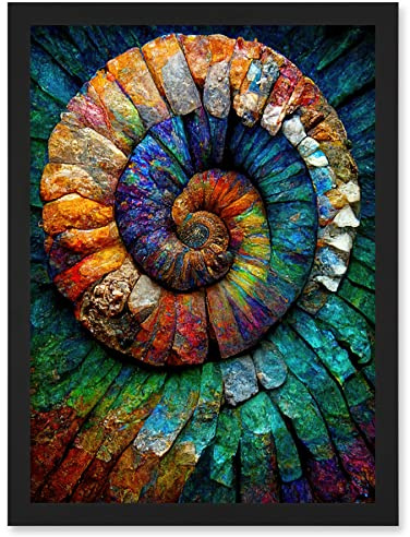 Doppelganger33 LTD Bright Multicoloured Ammonite Fossil Artwork Framed Wall Art Print A4