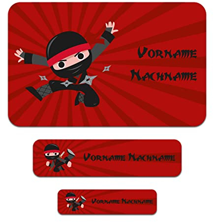 50 x Namensaufkleber personalisierte Sticker mit Wunschname Klebeetiketten zum Markieren Stifte Hefte mit Kinder Name Schule Kindergarten Aufkleber Set (08 Ninja)