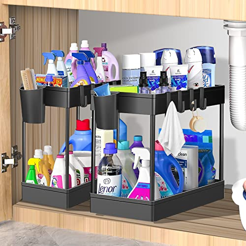 Wholede 2 Unidades de 2 Estantes para Debajo del Fregadero, Organizador de Armario con 8 Ganchos y 2 Tazas, Armario de Cocina, Organizador de Especias, Estantería de Cocina con Encimera, Negro