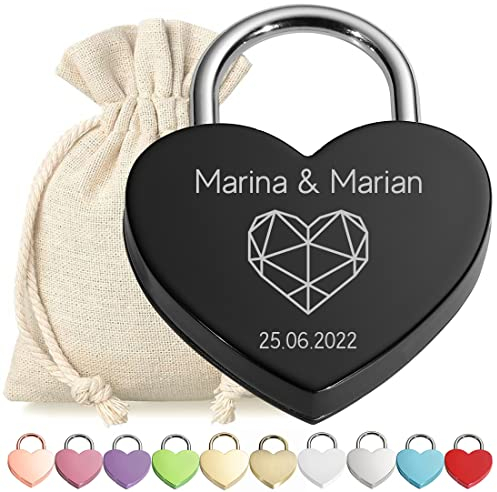 Herz Liebes-Schloss Bügelschloss personalisierte Gravur Schwarz - Motiv Polygon Herz - Geschenkbeutel - mit Schlüssel - Jahrestag, Verlobung - Sie & Ihn - Paar, Ehepaar - Present, Love