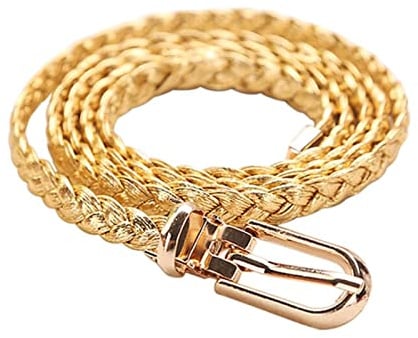Bantopgong Geflochtenes Leder, schmal, dünn, Jeans, lässig, dekorativer Gürtel für Damenbekleidungsaccessoires, Golden, 105cm