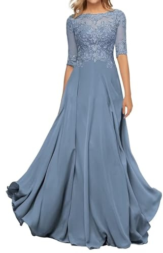 HYEC7 Women's Lace Appliques Mother of The Bride Dresses 3/4 Sleeve Long Formal Evening Dresses A Line Prom Dress Dusty Blue