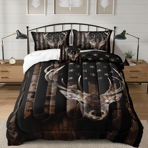 Bedbay Bettwäsche-Set mit amerikanischer Flagge, Hirsch, Jagd, Jäger, Bettwäsche-Set, Hirschgeweih, Tier, Camouflage, bedruckt, weiche Mikrofaser, 3-teiliges California-King-Bettwäsche-Set (Hirsch,