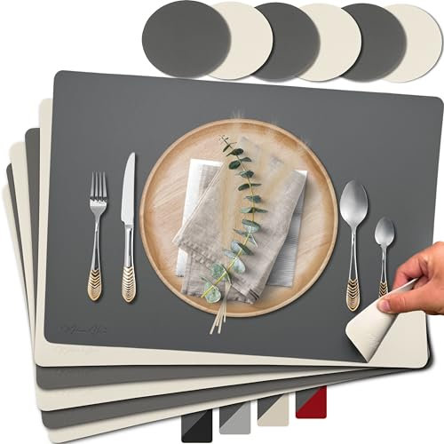 Mahewa® 6er Set Premium Tischset aus Kunstleder - Platzset abwaschbar und wasserdicht - Platzdeckchen Telleruntersetzer in Lederoptik (Dunkelgrau/Creme, Eckig)