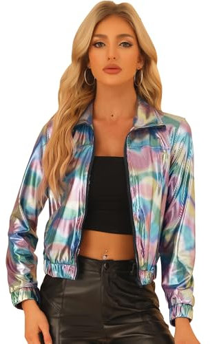 Allegra K Holografische glänzende Damen-Jacke, langärmelig, leicht, mit Reißverschluss, metallisch, Regenbogen, S