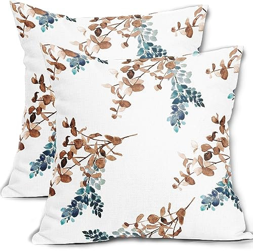 Brown and Teal Leaf Pillow Covers 18x18 Inch Set of 2 Vintage Blue Tan Leaves Pillow Covers Modern Outdoor Pillowscase Cotton Linen Square Cushion Covers for Sofa Couch Bedroom Living Room Home Decor