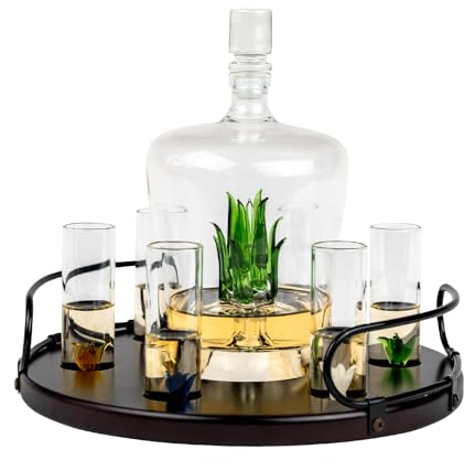 The Wine Savant Tequila Decanter Glasses Set with Agave and 6 Shot Glass Stand, Perfect for Gifts Lovers, 750mL Bottle, 3 OZ Party Decorations Cinco De Mayo (Agave), TWS-DEC-TEQ-GLAS-TRA-6