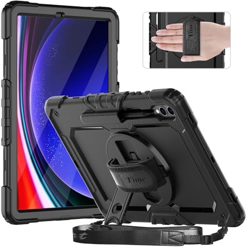 timecity Hülle für Samsung Galaxy Tab S10+ Plus/S9 FE+ Plus/S9 FE Plus/S9 Plus 12,4 Zoll 2024/2023,Stoßfeste Hülle mit Displayschutz, 360° Drehbarem Handschlaufe, Schultergurt, Stifthalter, Schwarz