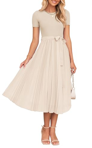 ZESICA Sommerkleid für Damen, kurzärmelig, Midi-Kleid, Sommer 2026, Rundhalsausschnitt, Strick, Gürtel, plissiert, A-Linie, fließend, langes Kleid für Hochzeitsgäste