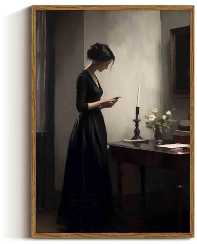 Frau liest Porträtmalerei aus dem 19. Jahrhundert, antikes Poster, Vintage, weibliches Porträt, Lesung eines Buches, Poster, gedämpftes Ölbild, klassische Frauenmalerei, Damen-Portrait,