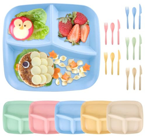 VFANDV 5 Pièces Assiette Compartiment, Assiettes Plates Incassables 3 Compartiments Assiettes Divisées Adulte Enfant Assiette Plastique Reutilisable avec Couteaux, Fourchettes et Cuillères