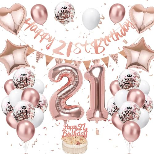21. Geburtstag Deko Roségold - Luftballon Deko für Damen und Frauen - Weiße Luftballons mit Banner und Tortendeko für Dekoration