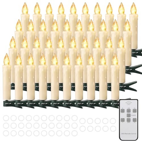 Cibnew Weihnachtskerzen Christbaumkerzen Kabellose Weihnachten LED Kerzen mit Fernbedienung,Timer-Funktion für Weihnachtsbaum Hochzeit,Geburtstags,Party (40er Beige)
