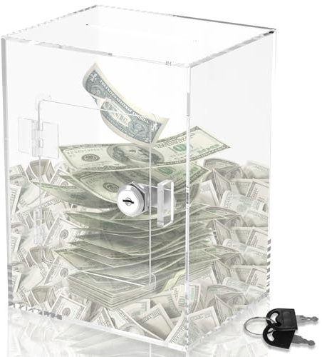 Clear Money Box for Adults Kids,15×12×20cm Acrylic Piggy Bank with Key, No Need to Break Transparent Rectangle Money Saving Box for Budget and Save, Coin and Cash