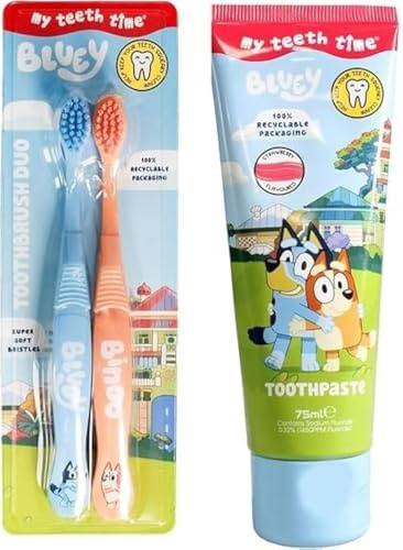 Bluey Zahnbürste (Duo) und Zahnpasta Set Zwei Bluey Zahnbürsten und Zahnpasta mit Erdbeergeschmack für Alter 3-8 Jahre alt