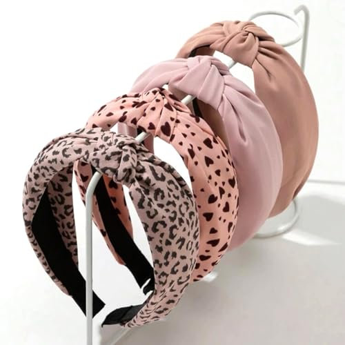 Kotkiddy Lot de 4 bandeaux pour femme - Antidérapants - Tendance - Pour cheveux - Motif léopard et cœur rose