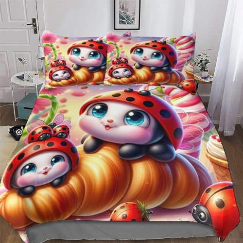 Ladybug 3D-Bettwäsche-Set, weich gebürstete Mikrofaser, Bettdeckenbezug mit Reißverschluss, inklusive Bettbezug und Kissenbezug, King-Size-Größe (220 x 240 cm), perfekt für Kinder, Jugendliche und