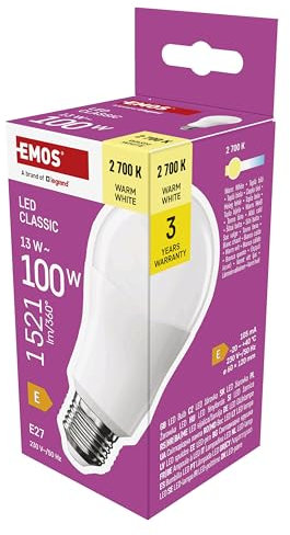 EMOS LED Lampe A60-Birne, 13W Ersatz für 100W Glühbirne, klassische Birne mit E27 Sockel, Helligkeit 1521 lm, Warmweiß 2700 K, 30000 h Lebensdauer, CRI min. 80, 180° Abstrahlwinkel