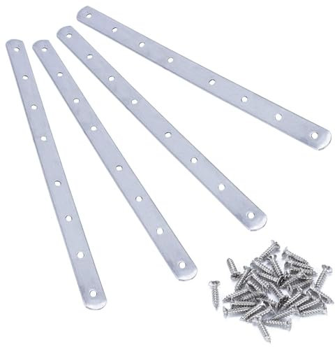 Luabue 4Pcs Flat Metal Brackets for Wood Mending Plates Flat Straight Brace Bracket Stainless Steel Sleeper Brackets Connecting Joining Plates with 32Pcs Screws for Wood Furniture,246mm