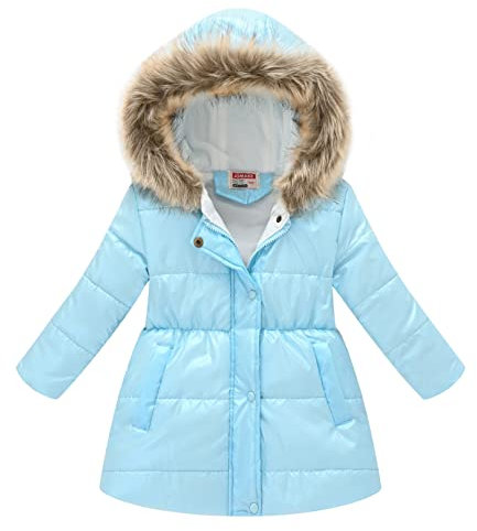 ranrann Manteau Fille Doudoune Hiver Chaud Métallisé Brillant Coupe-vent Manteau à Capuche Fourrure Veste Rembourré 3-12 Ans Bleu ciel 5-6 ans