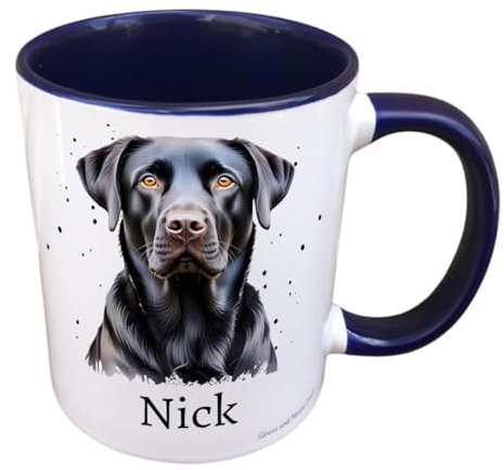 Personalised Black Labrador Mug, Gift for Puppy Lover, Thank you Present for Dog Owner, Housewarming Coffee Cup, Country Style Kitchenware (Blue)