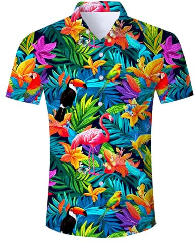 Belovecol Chemise hawaïenne à Manches Courtes pour Homme - Chemise de fête décontractée - Flamant Rose Boutonnée sans Repassage - Chemise hawaïenne à Manches Courtes - M