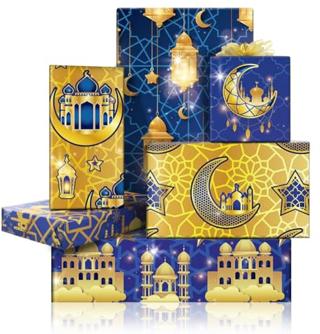 Geschenkpapier Eid Mubarak, Blau und Gold, Ramadan-Geschenkpapier, Mond, Stern, Pelita-Moschee, Geschenkpapier für Islam, Urlaub, Eid Al-fitr Corban Festival, muslimische Party, Geschenkverpackung, 68