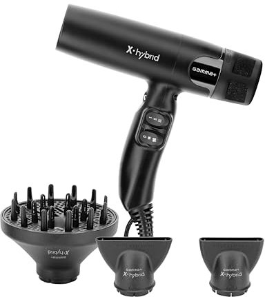 GAMMA+ X-Hybrid Ionischer Haartrockner, leicht, leise, ergonomisch, digitaler Motor 100.000 U/min, Dreifachschutzfilter, 2 Düsen, 1 Diffusor (schwarz)