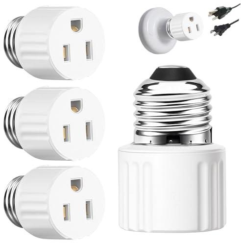 3 Packs Light Socket Plug Adapter,3 Prong Light Socket to Plug Adapter,E26 Light Bulb to Outlet Socket Converter,2/3 Prong Screw in Outlet Socket for Camera Garage Porch, White