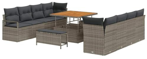 vidaXL Garten-Sofa-Set mit Kissen 11 pcs Grau Poly Rattan, Garten- und Terrassen Lounge Set, rechteckig, modern, modulare Sofas, verstellbare Füße, langlebige Möbel