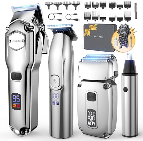 Jack & Rose kit 4-en-1 de Tondeuse à cheveux pour homme, tondeuse cheveux et barbe sans fil étanche IPX7, rasoir électrique de précision et tondeuse à barbe, rechargeable par USB Type-C