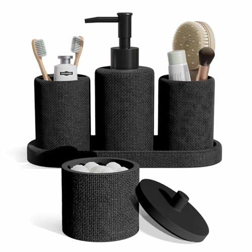 Clara Clark Bathroom Set - Black Bathroom Accessories Set, 5PC Bathroom Accessory Set, Bathroom Sets with Soap Dispenser, Toothbrush Holder, Tumbler, Cotton Swab Jar & Vanity Tray