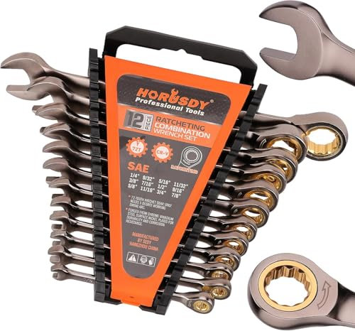 HORUSDY 12-Piece SAE Flex-Head Ratcheting Spanner Set with Organizer | 8-19 mm Ratchet Combination Spanners Set | 72-Teeth | Chrome Vanadium Steel (12PC SAE)